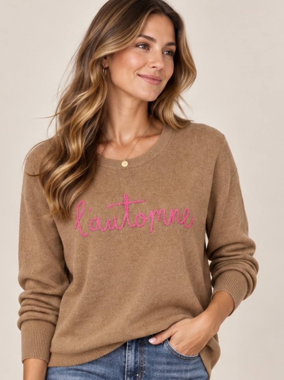 LOFT L’Automne Autumn Fall Sweater M Tan Pink Embroidered